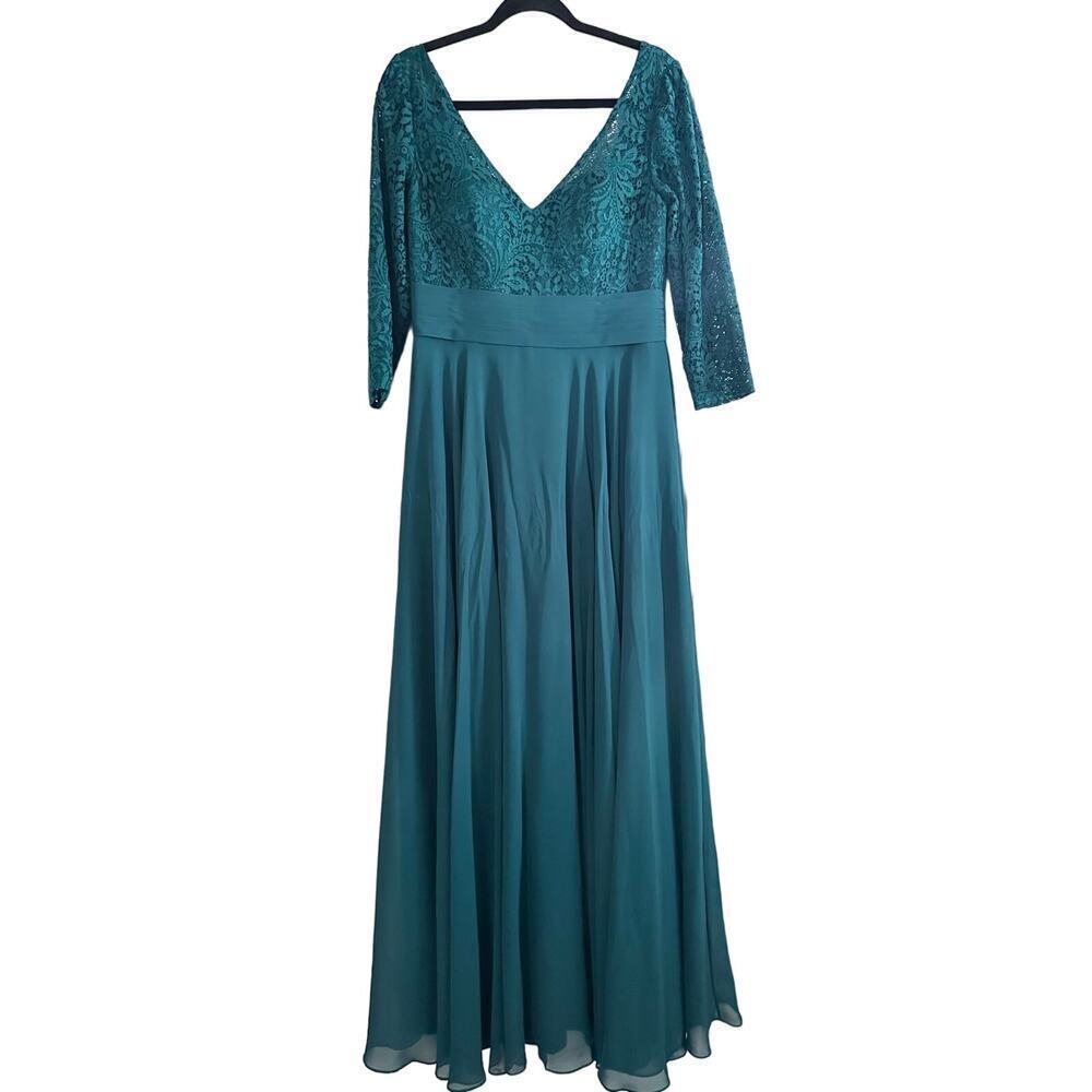 JJ’s HOUSE Dark Teal Green Lace V-Neck 3/4 Sleeve Mother Of The Bride Gown Dress - Picture 1 of 5